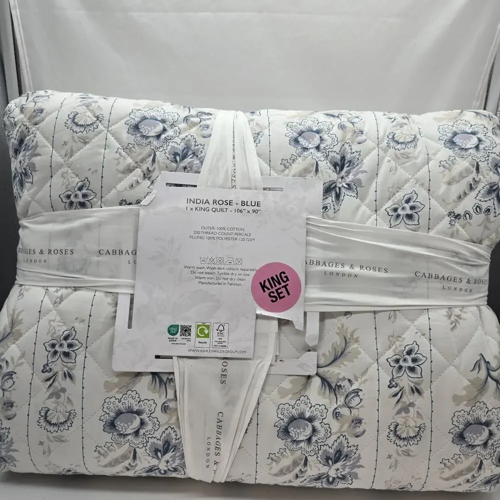 Cabbages & Roses KING Quilt India Rose Grey Blue White Floral Embroidered Cottag